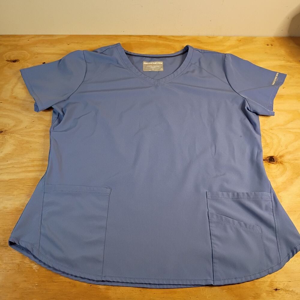 Skechers by Barco Womens XL Scrub Top Blue V-Neck Short Sleeve Pockets Stretch